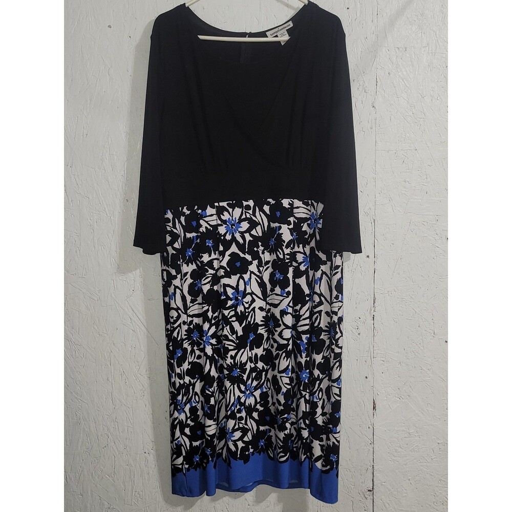 Women's Black Floral Midi Dress with Blue Trim